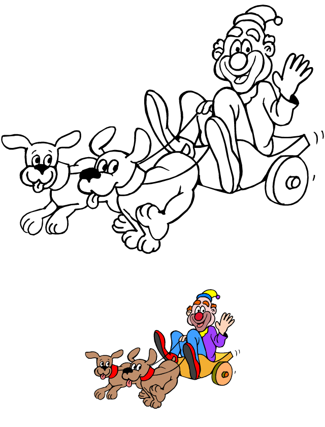 Dessin à colorier, le clown et les chiens