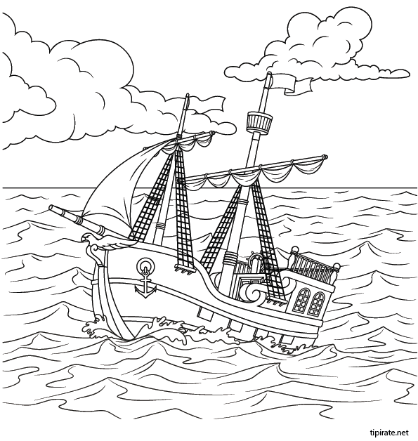Dessin à colorier, le bateau des pirates en mer