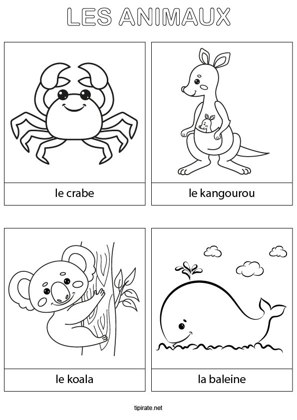 Coloriages à imprimer, crabe, kangourou, koala, baleine