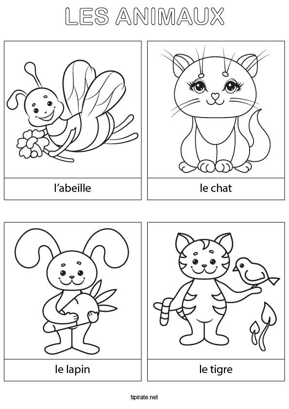 Coloriage à imprimer, une abeille, un chat, un lapin, un tigre