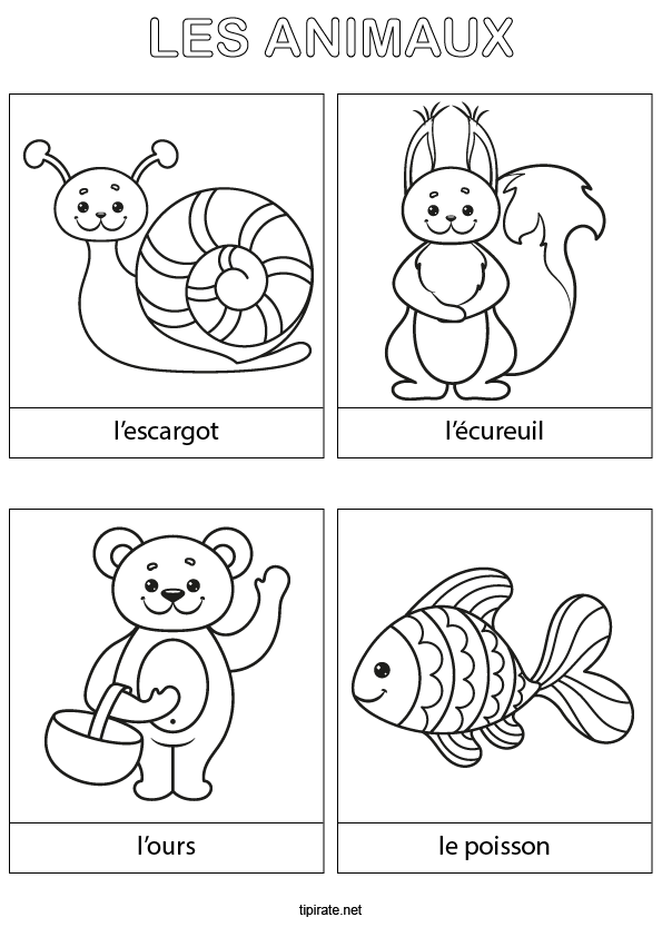 Coloriages à imprimer, un escargot, un écureuil, un ours, un poisson