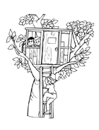 Coloriage, une cabane perchée dans un arbre