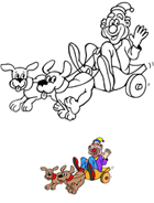 Coloriage à imprimer, le clown et la charrette tirée par des chiens