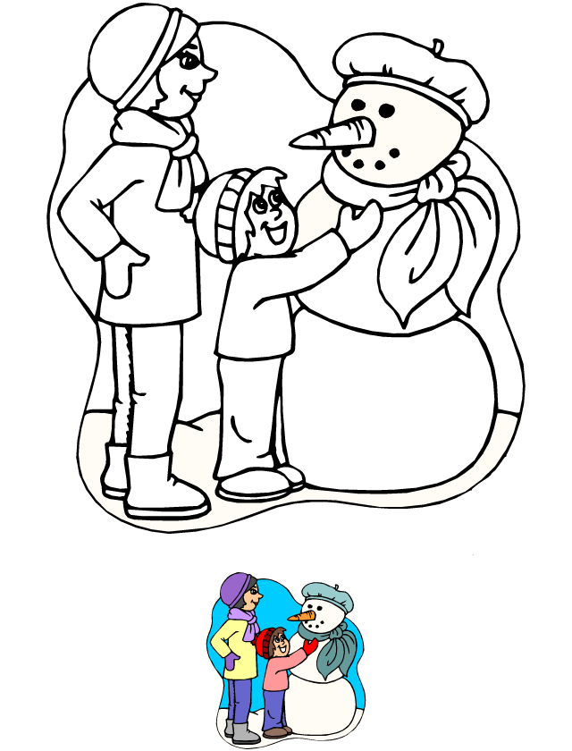 Dessin à colorier, les enfants et le bonhomme de neige