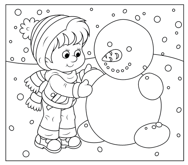 Dessin à colorier, un enfant façonne un bonhomme de neige