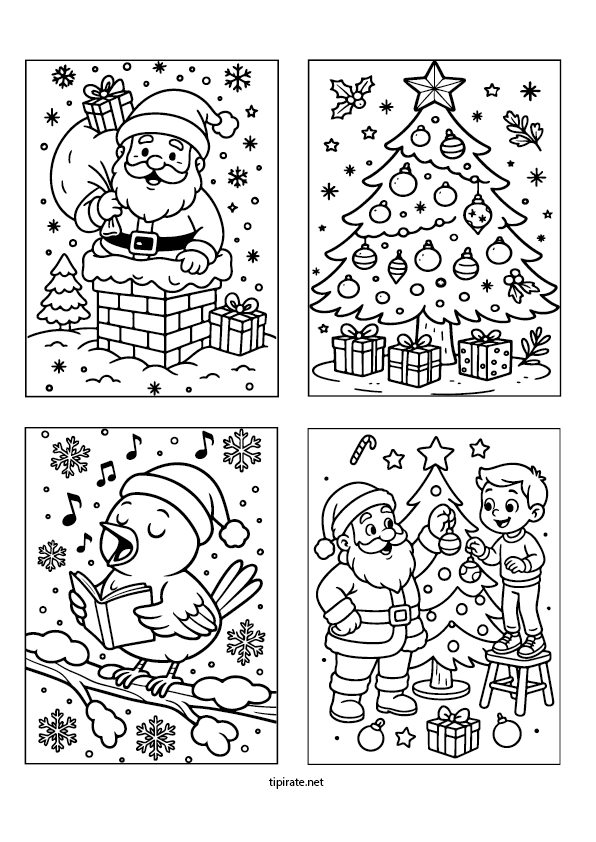 Coloriages sur le thème de Noël à imprimer : un Père Noël dans la cheminée, un sapin de Noël avec des enfants