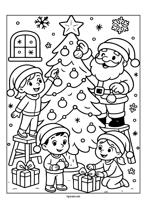 Coloriages sur le thème de Noël à imprimer : un Père Noël qui décore un sapin de Noël avec des enfants