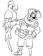 Coloriage à imprimer, le capitaine des pirates et le perroquet