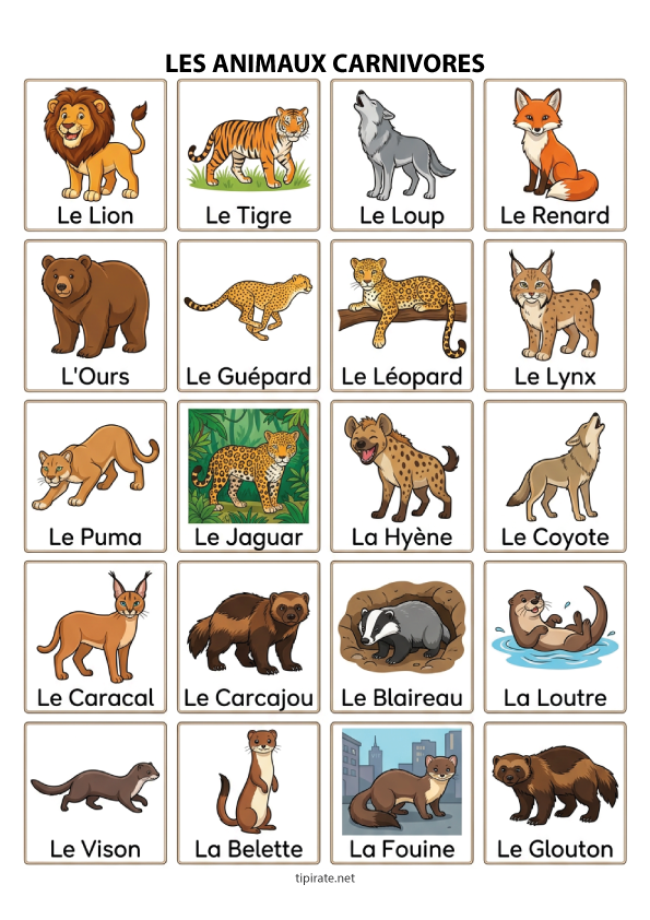 Imagier gratuit à imprimer, les animaux carnivores