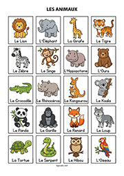 Fiche de vocabulaire à imprimer, les animaux sauvages