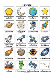 Fiche de vocabulaire sur le thème de l'espace à imprimer