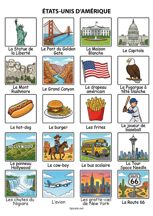 Imagier gratuit à imprimer, les États-Unis d'Amérique