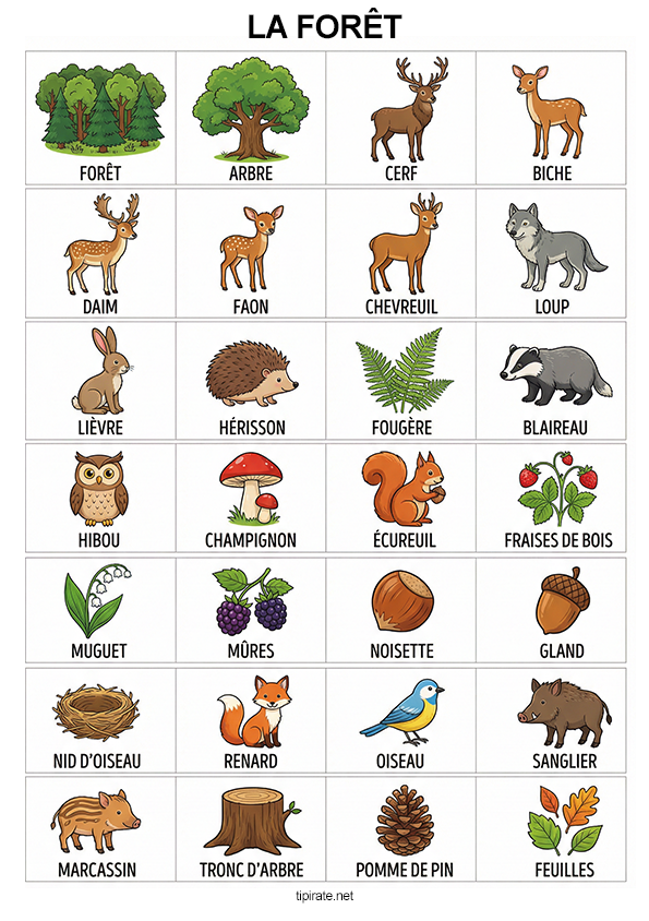 Imagier gratuit à imprimer, la forêt