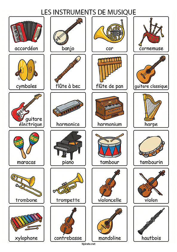 Imagier gratuit à imprimer, les instruments de musique