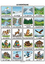 Fiche de vocabulaire à imprimer sur le thème de la montagne