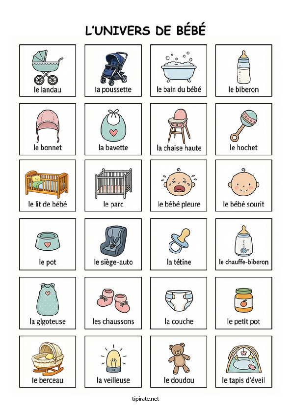 Imagier gratuit à imprimer, l'univers du bébé