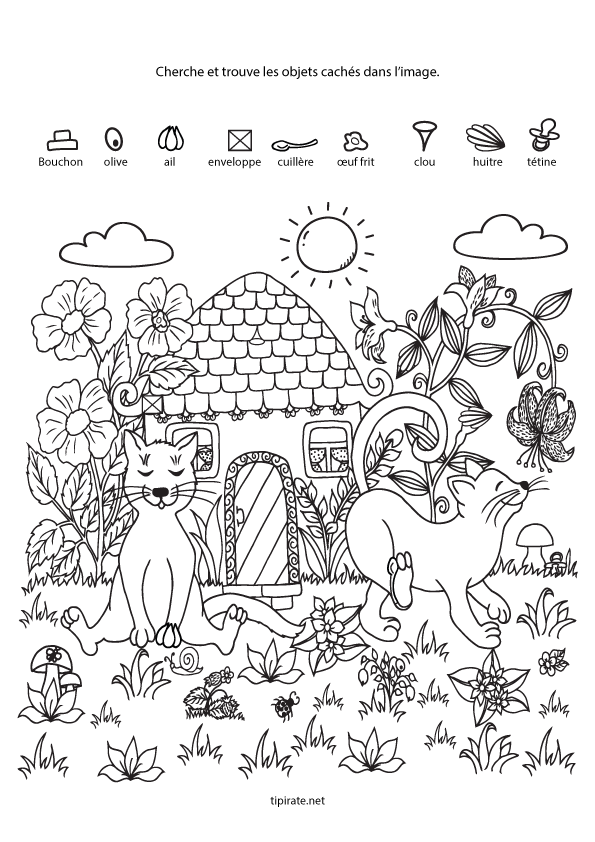 Jeu à imprimer, maternelle. Trouver les objets cachés