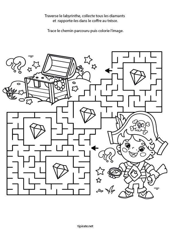 Jeu de labyrinthe à imprimer, le trésor et les diamants