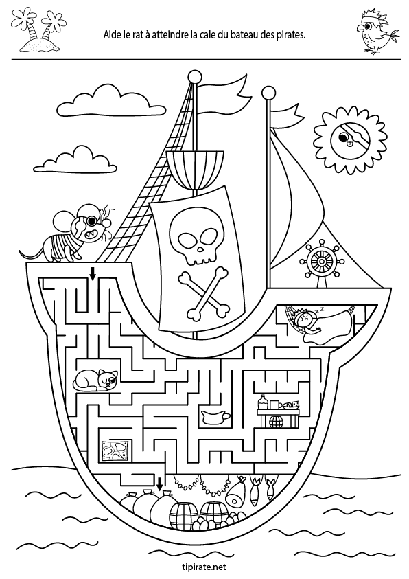 Jeu de labyrinthe à imprimer, le rat sur le bateau pirate