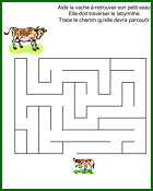 Labyrinthe à imprimer, la vache et le veau